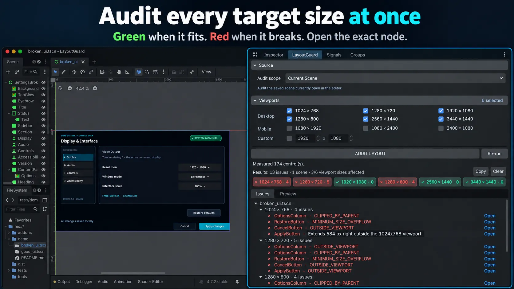 LayoutGuard's dock listing layout issues by scene and viewport size