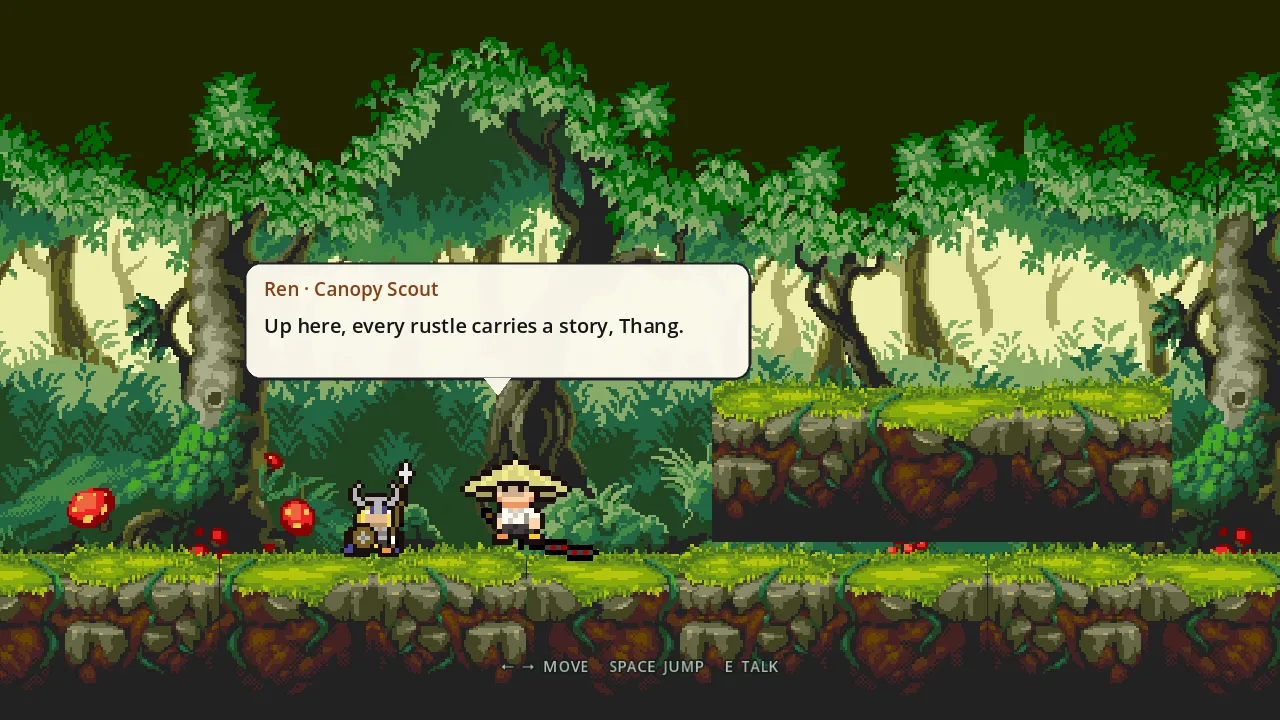 A speech bubble above a character in a pixel forest