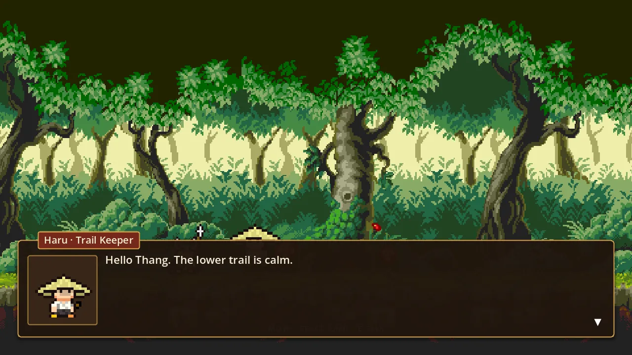 An NPC TalkKit dialogue panel with a name box and a framed portrait, over a pixel-art forest
