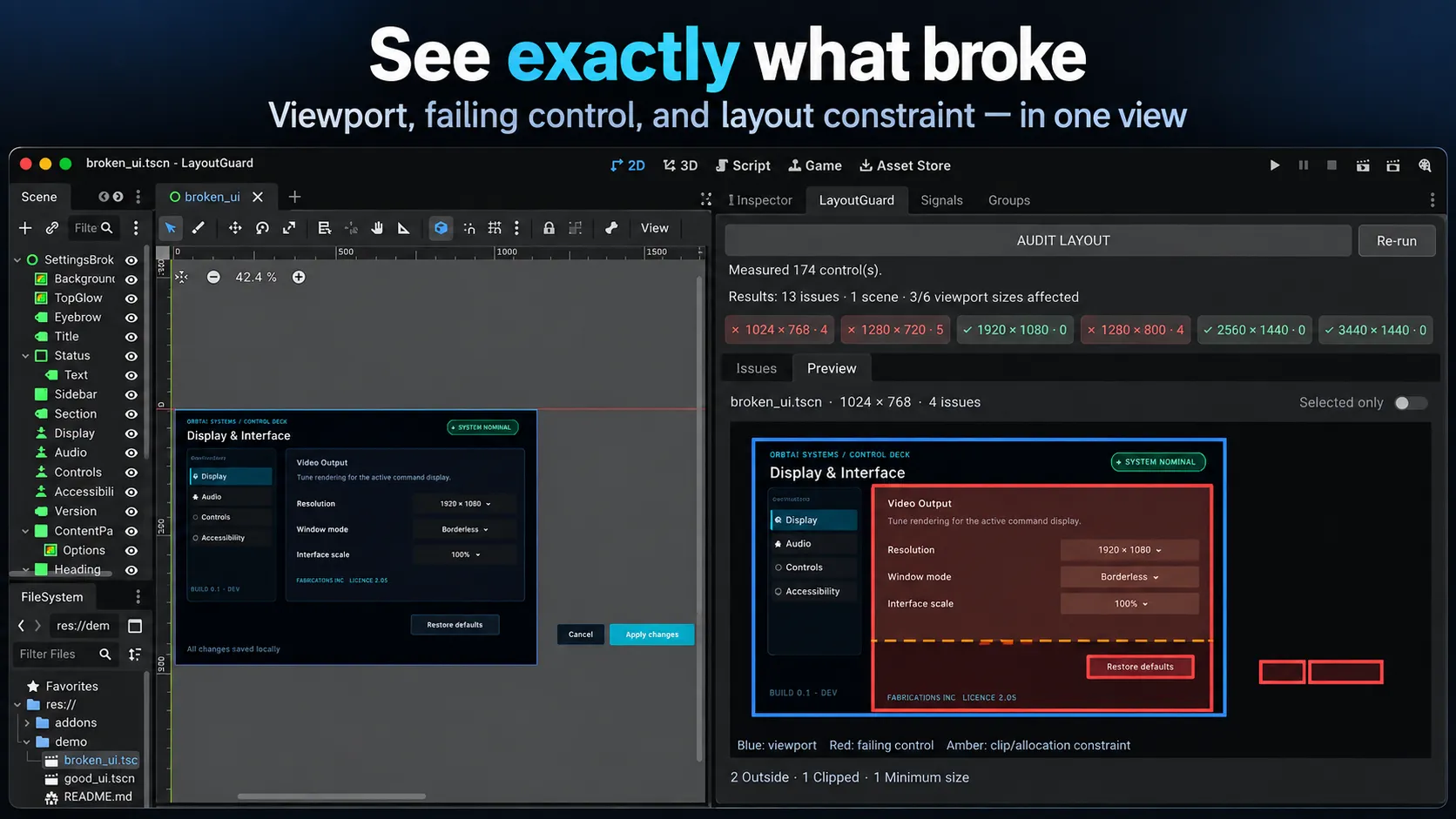 LayoutGuard's preview of a scene at a failing resolution